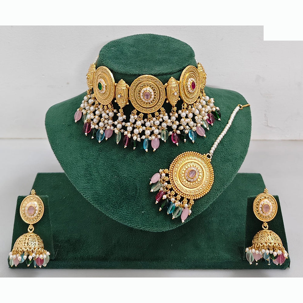Rajwadi Collection Traditional Pota Stone And Pearl Choker Necklace Set