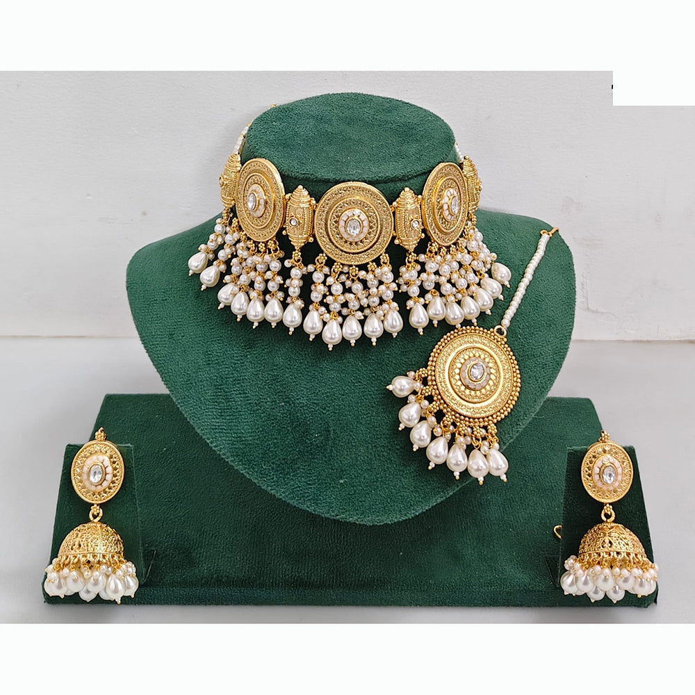 Rajwadi Collection Traditional Pota Stone And Pearl Choker Necklace Set