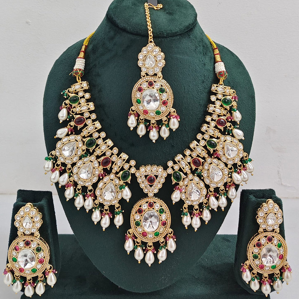 Rajwadi Collection Royal Look Kundan Stone Beads And Pearl Necklace Set