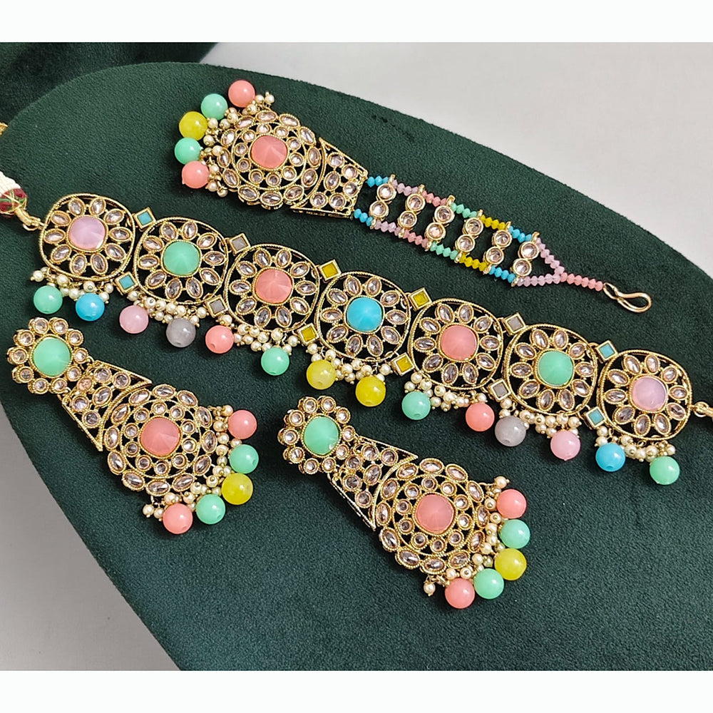 Rajwadi Collection Luxury Crystal Stone Pearl And Beads Choker Necklace Set