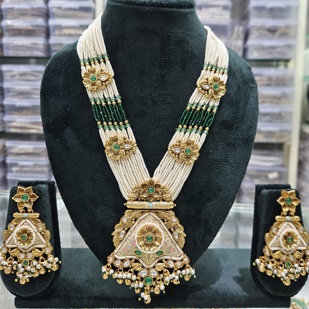 Rajwadi Collection Majestic Pota Stone Pearl And Meenakari Long Necklace Set