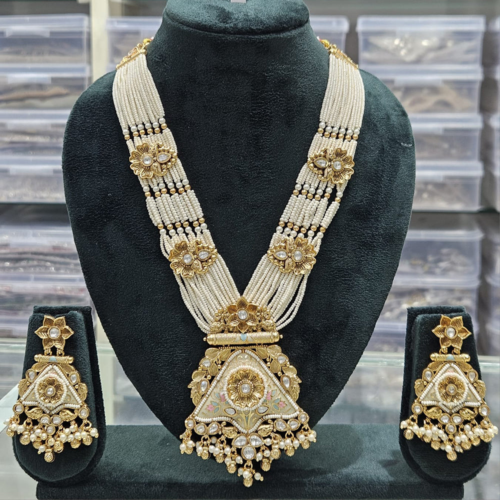 Rajwadi Collection Majestic Pota Stone Pearl And Meenakari Long Necklace Set