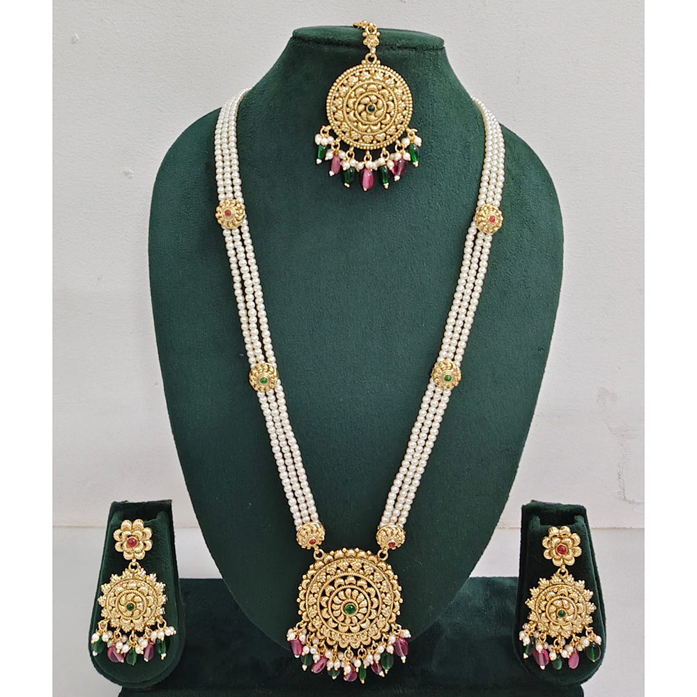 Rajwadi Collection Sparkling Pota Stone Pearl And Beads Long Necklace Set