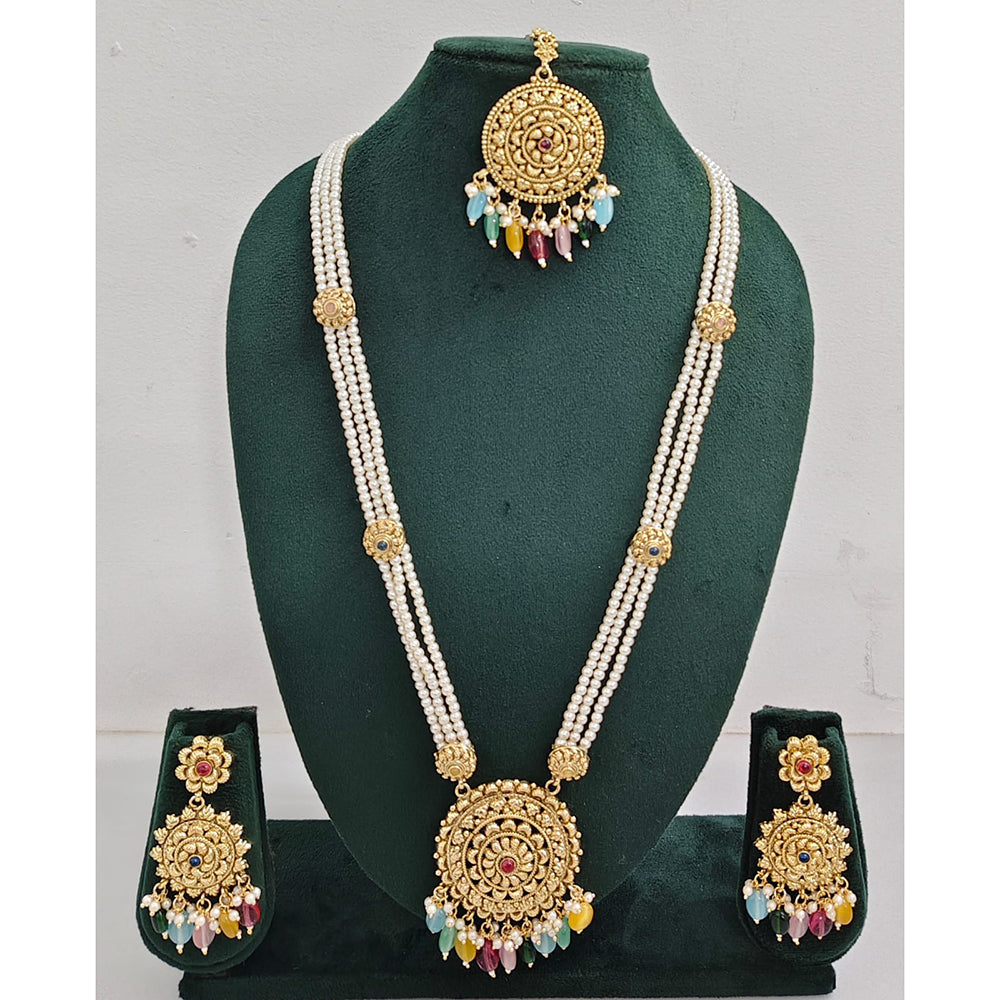 Rajwadi Collection Sparkling Pota Stone Pearl And Beads Long Necklace Set