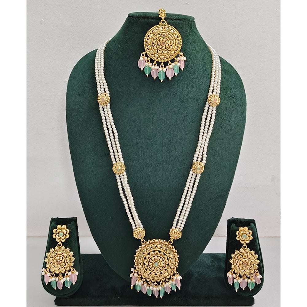 Rajwadi Collection Sparkling Pota Stone Pearl And Beads Long Necklace Set