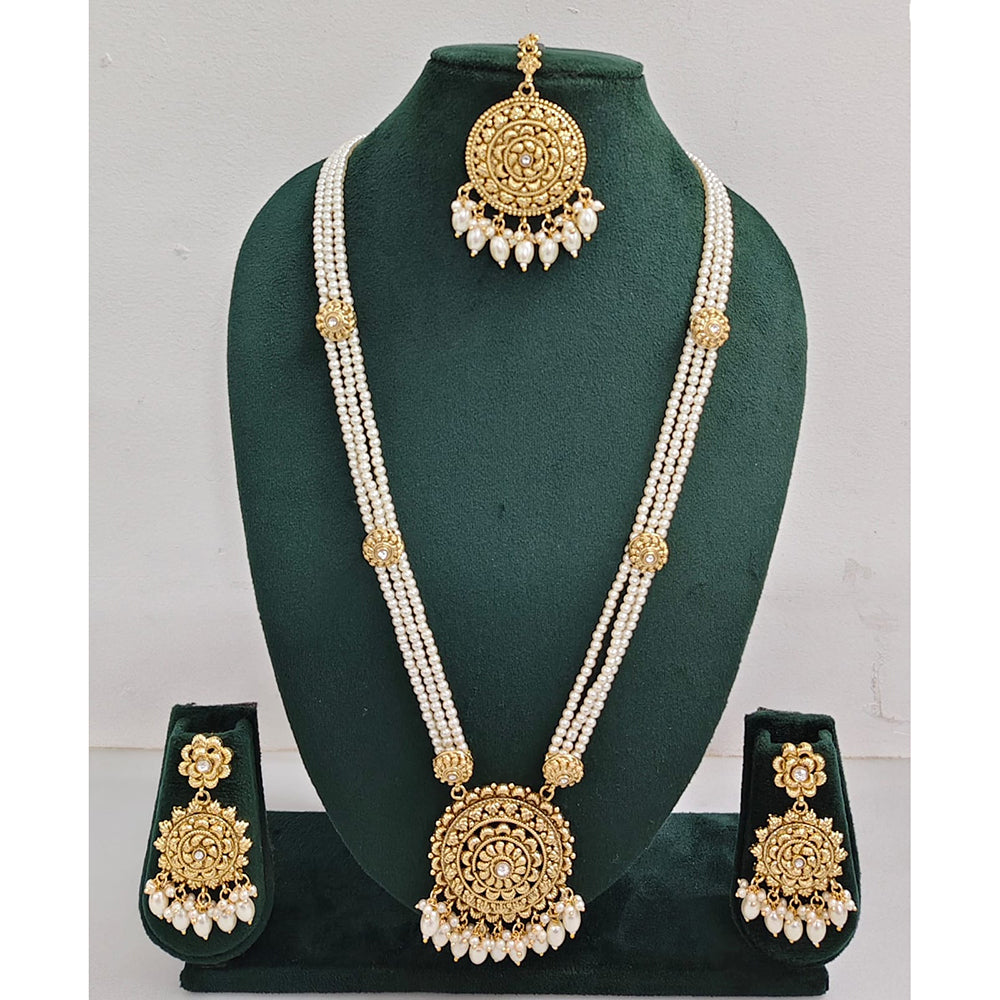Rajwadi Collection Sparkling Pota Stone Pearl And Beads Long Necklace Set