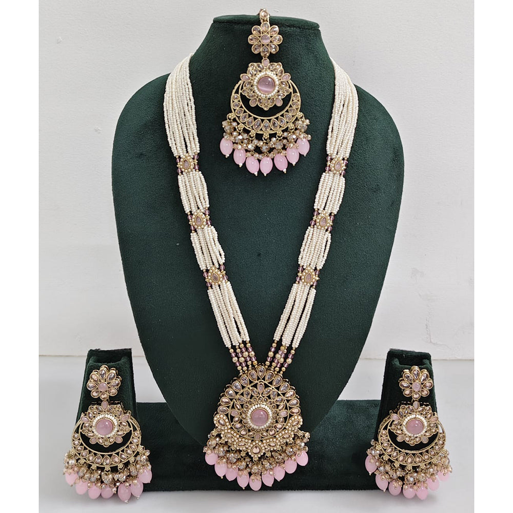 Rajwadi Collection Sparkling Crystal Stone Pearl And Beads Long Necklace Set