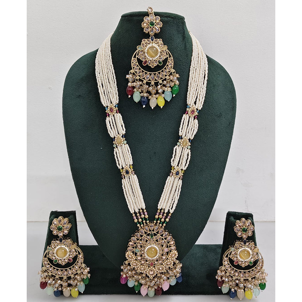 Rajwadi Collection Sparkling Crystal Stone Pearl And Beads Long Necklace Set