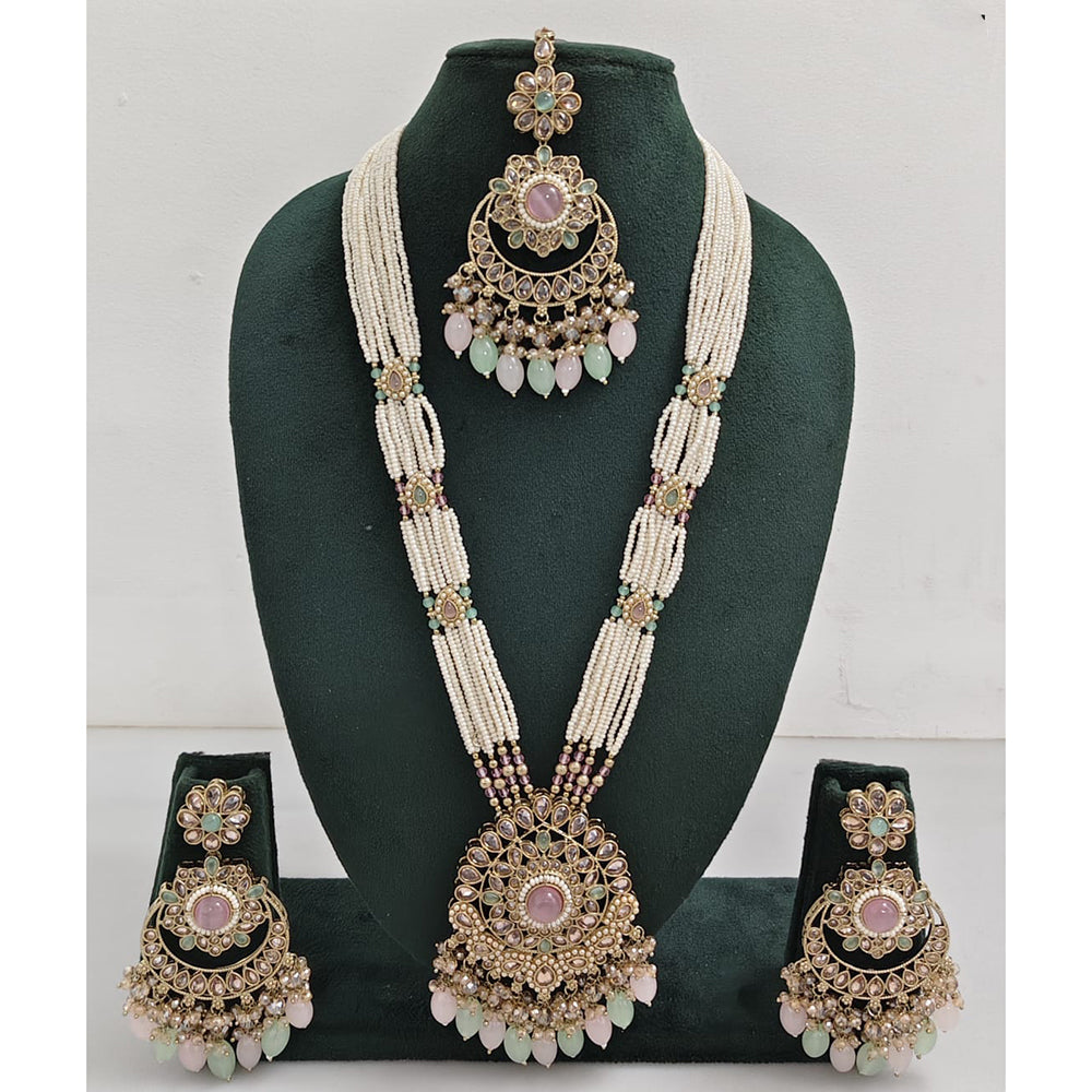 Rajwadi Collection Sparkling Crystal Stone Pearl And Beads Long Necklace Set