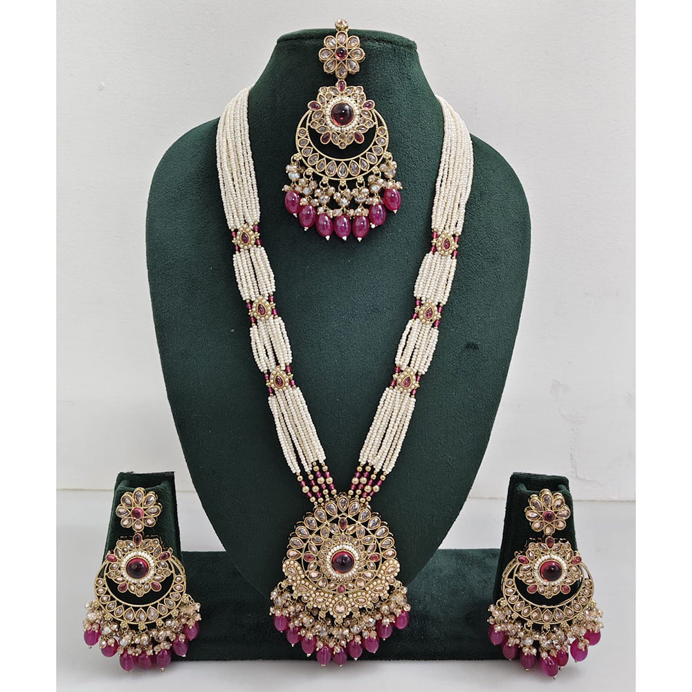 Rajwadi Collection Sparkling Crystal Stone Pearl And Beads Long Necklace Set