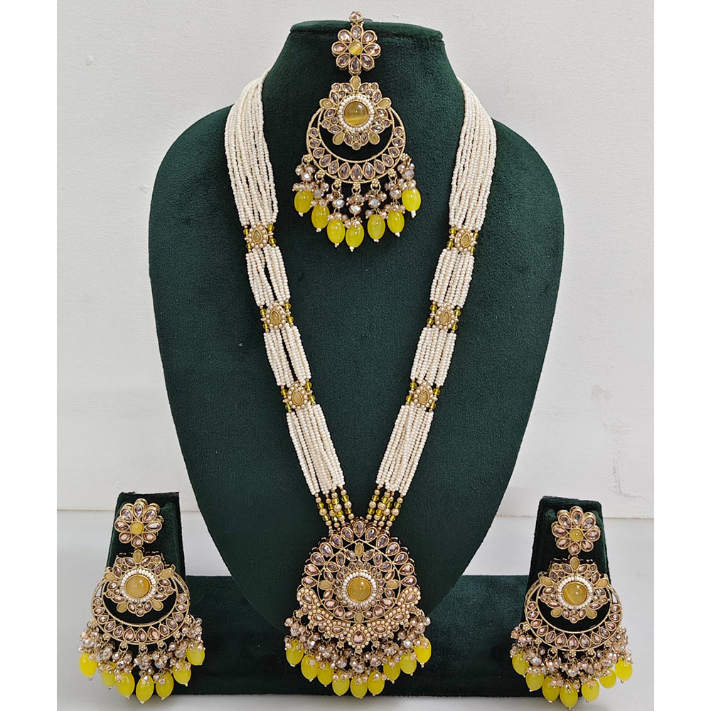 Rajwadi Collection Sparkling Crystal Stone Pearl And Beads Long Necklace Set