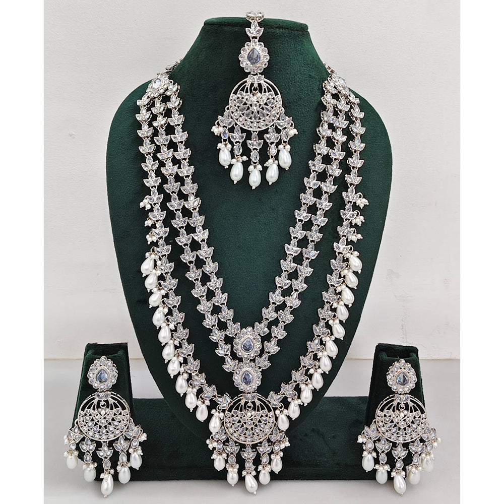 Rajwadi Collection Sparkling Crystal Stone Pearl And Beads Long Necklace Set
