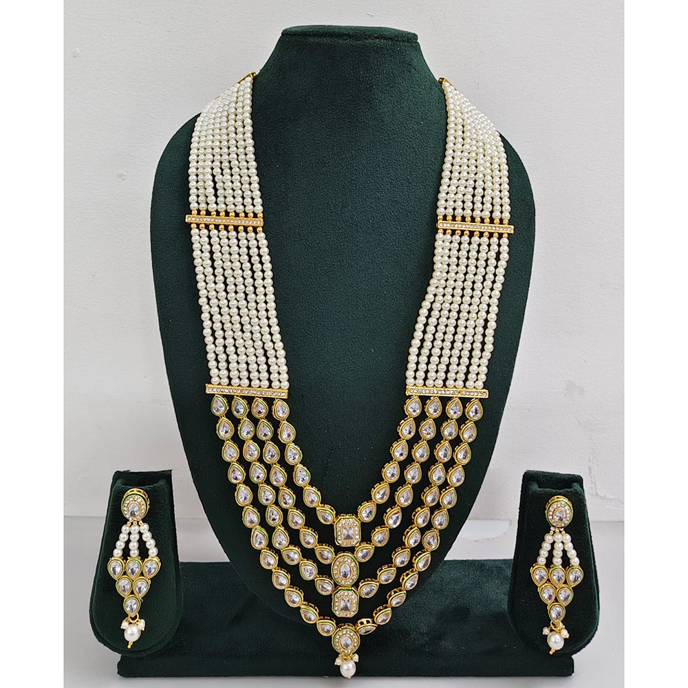 Rajwadi Collection Sparkling Crystal Stone Pearl And Beads Long Necklace Set