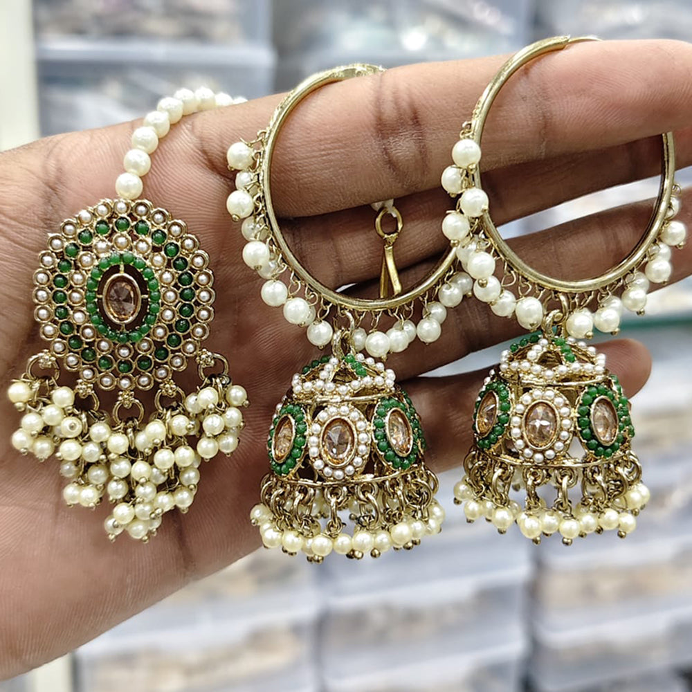 Rajwadi Collection Royal Heritage Crystal And Pearl Jhumki Earrings With Maangtikka