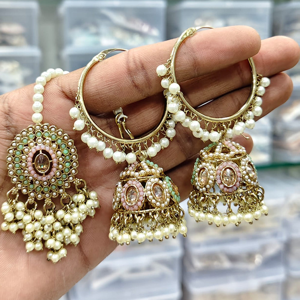 Rajwadi Collection Royal Heritage Crystal And Pearl Jhumki Earrings With Maangtikka
