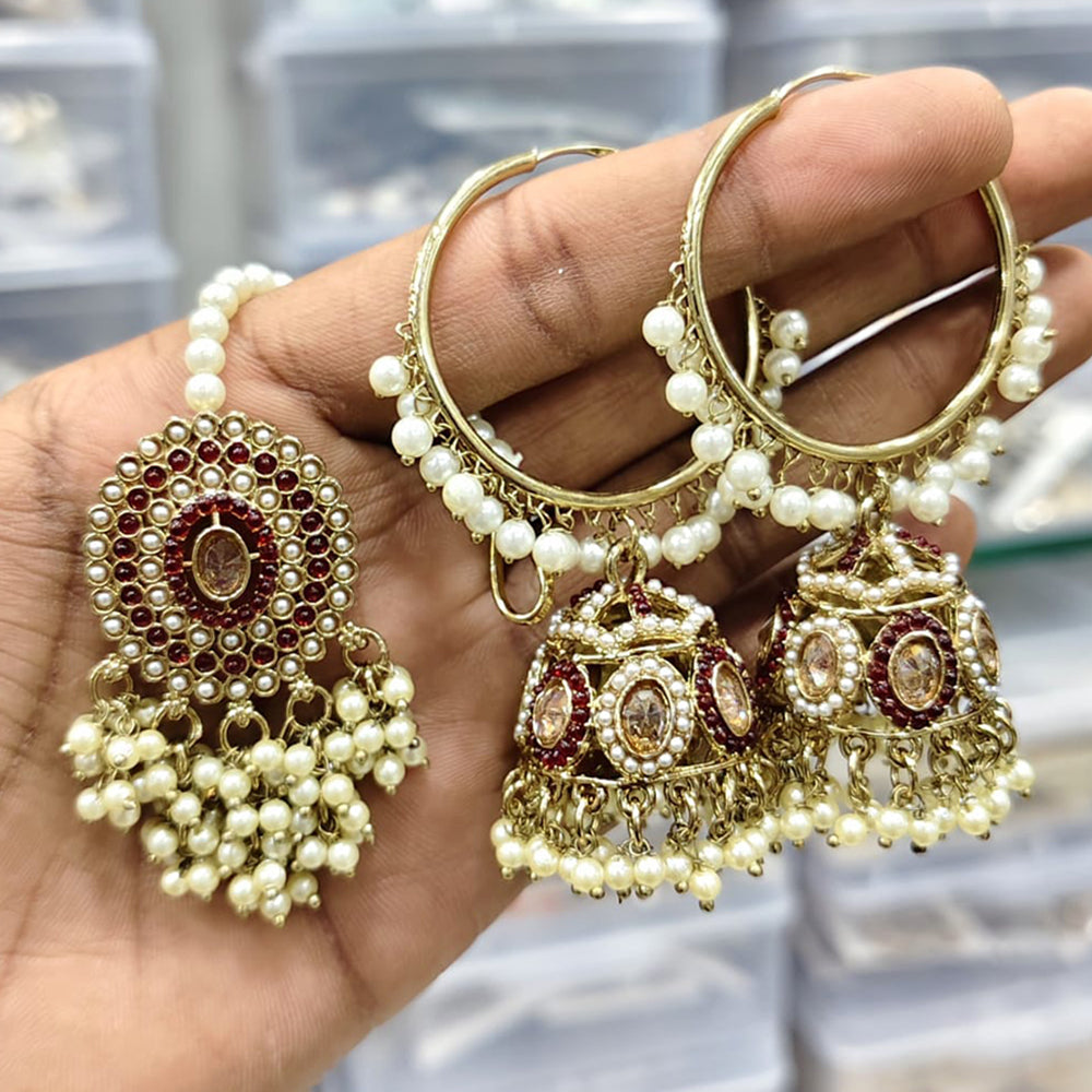 Rajwadi Collection Royal Heritage Crystal And Pearl Jhumki Earrings With Maangtikka