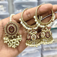 Rajwadi Collection Royal Heritage Crystal And Pearl Jhumki Earrings With Maangtikka