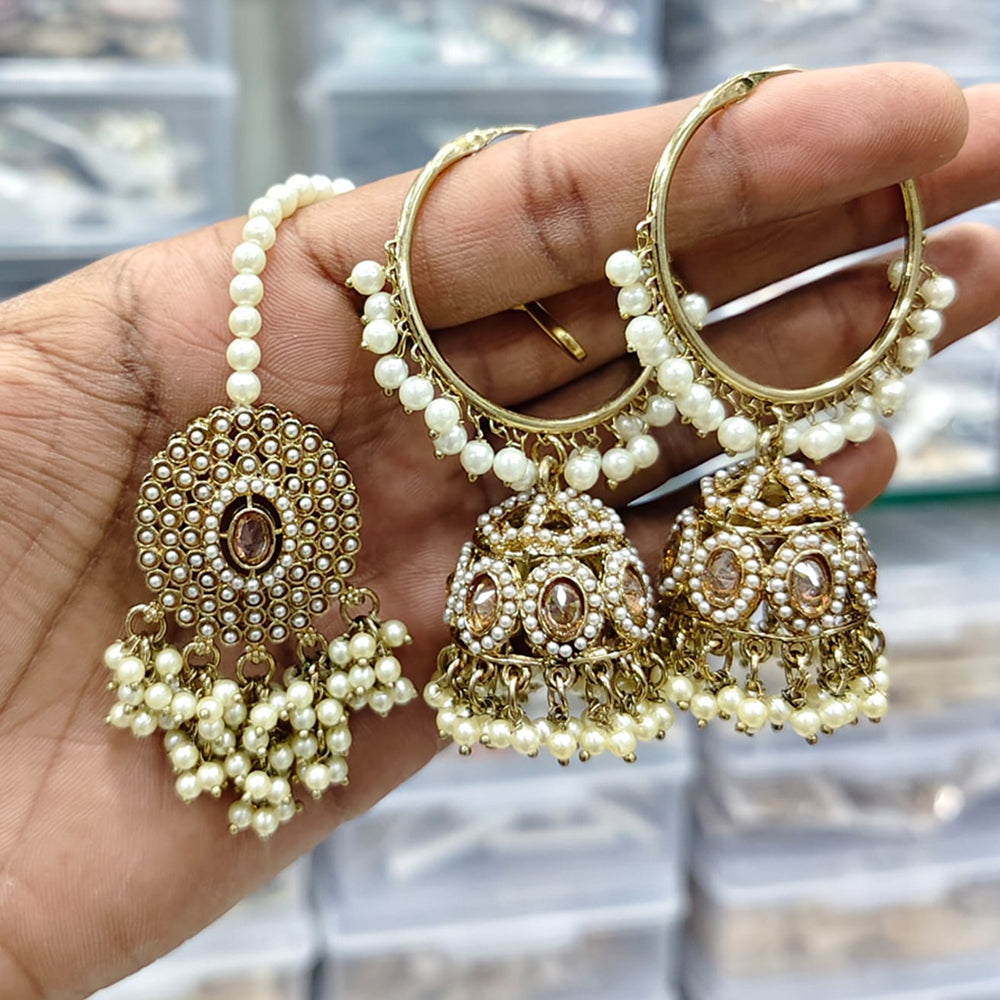 Rajwadi Collection Royal Heritage Crystal And Pearl Jhumki Earrings With Maangtikka