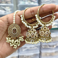 Rajwadi Collection Royal Heritage Crystal And Pearl Jhumki Earrings With Maangtikka