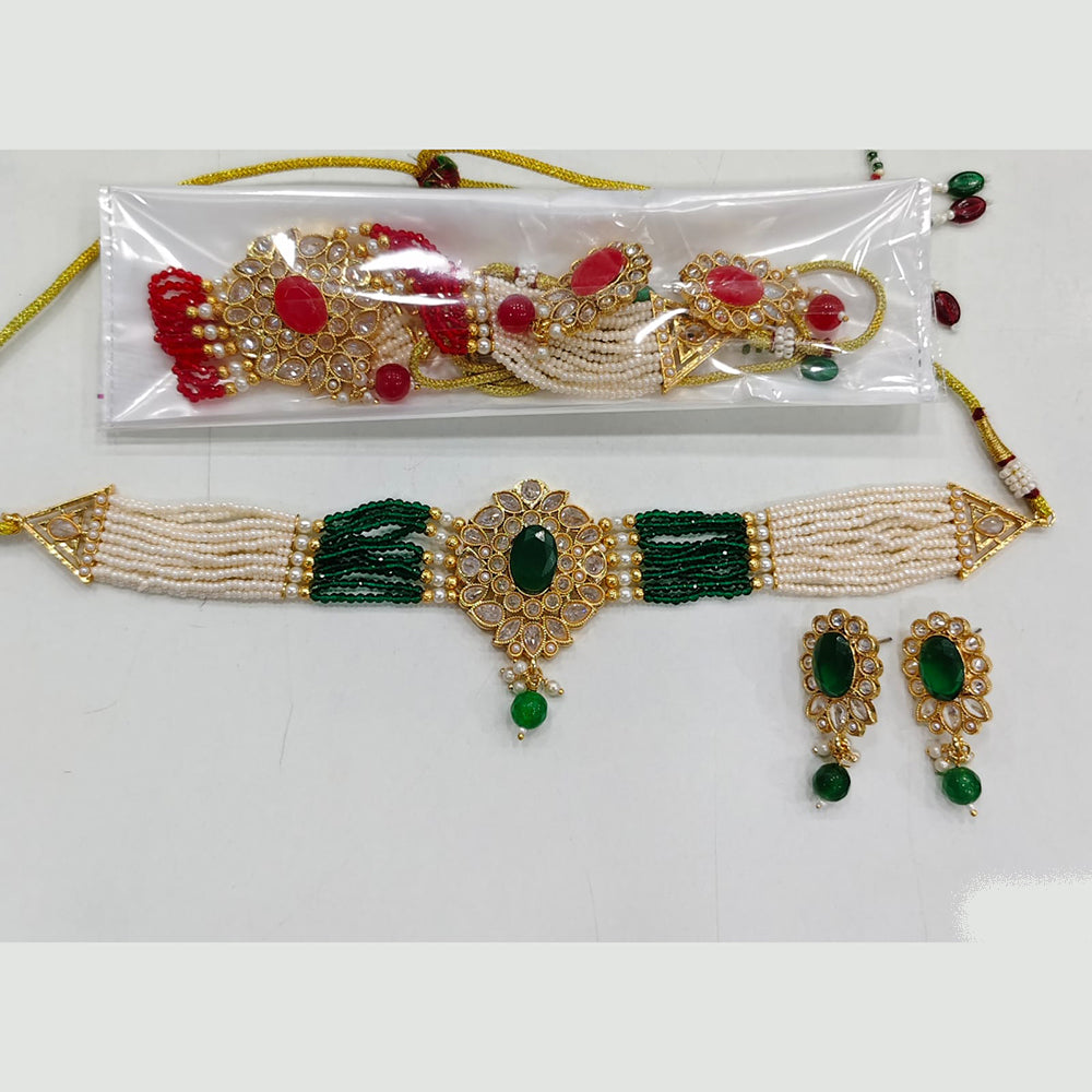 Rajwadi Collection Elegant Crystal And Pearl Beads Choker Necklace Set