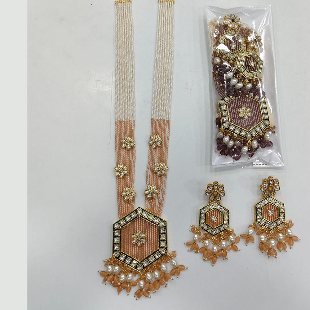 Rajwadi Collection Elegant Pota Stone And Pearl Beads Long Necklace Set