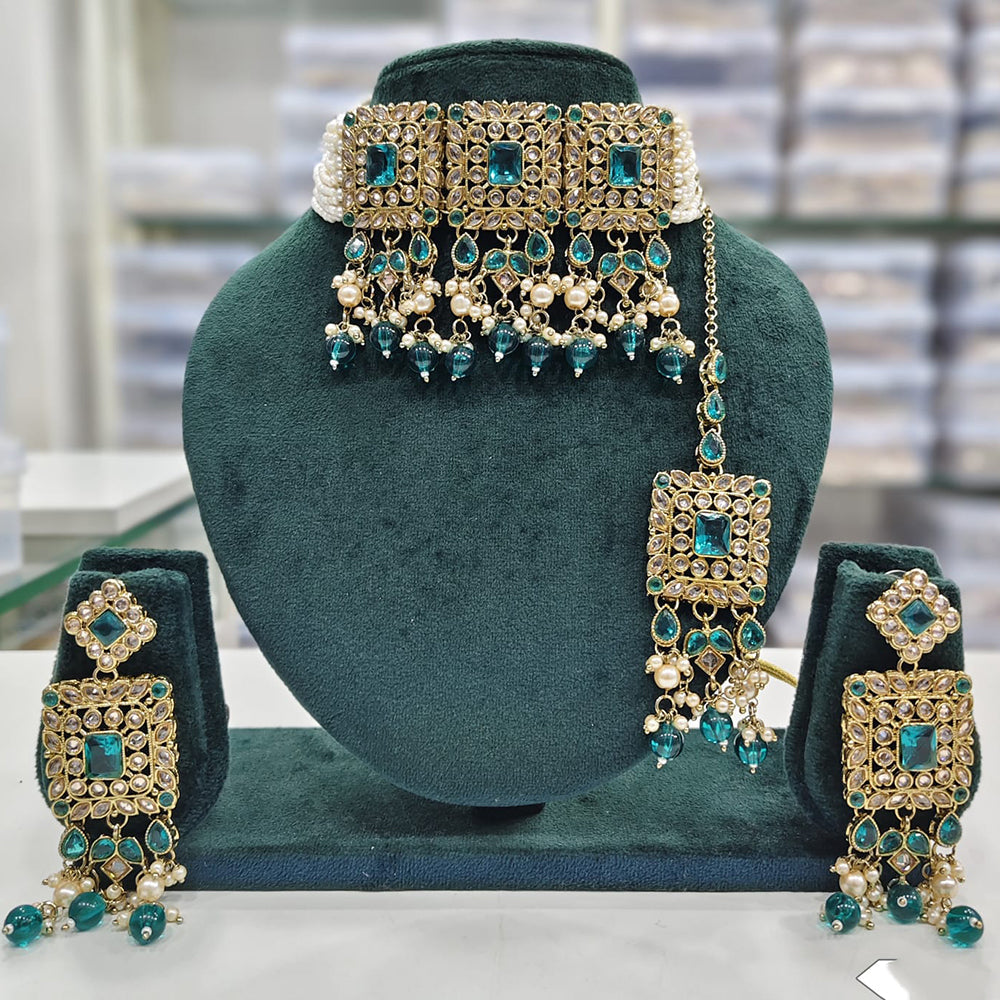 Rajwadi Collection Premium Crystal Pearl And Beads Choker Necklace Set