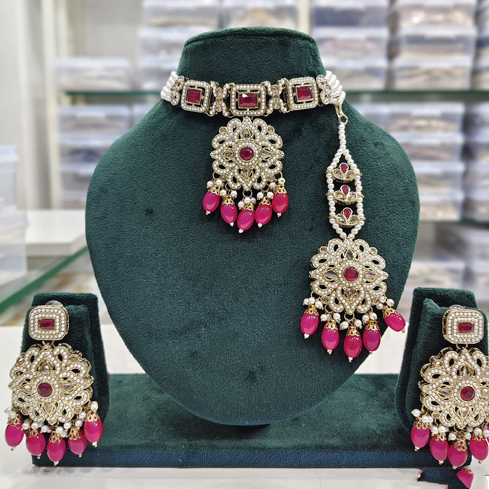 Rajwadi Collection Premium Crystal Pearl And Beads Choker Necklace Set