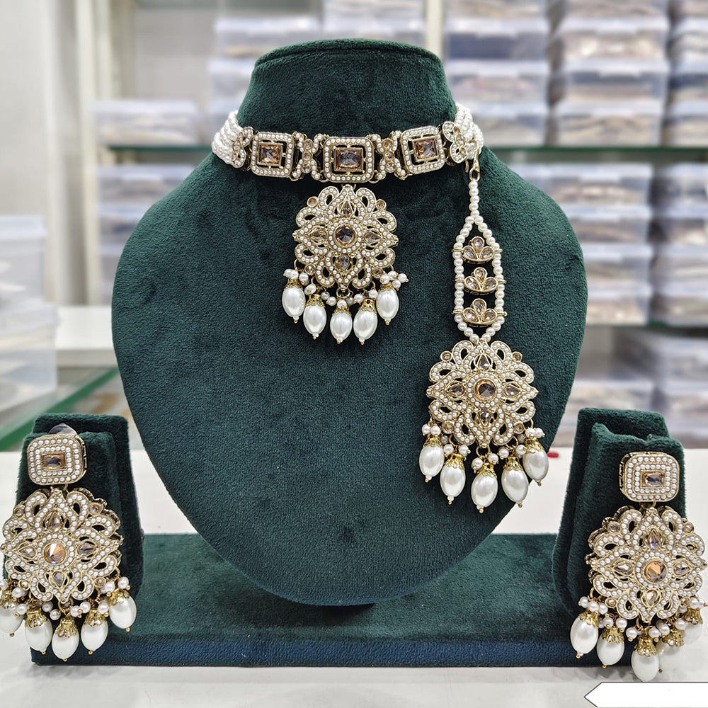 Rajwadi Collection Premium Crystal Pearl And Beads Choker Necklace Set