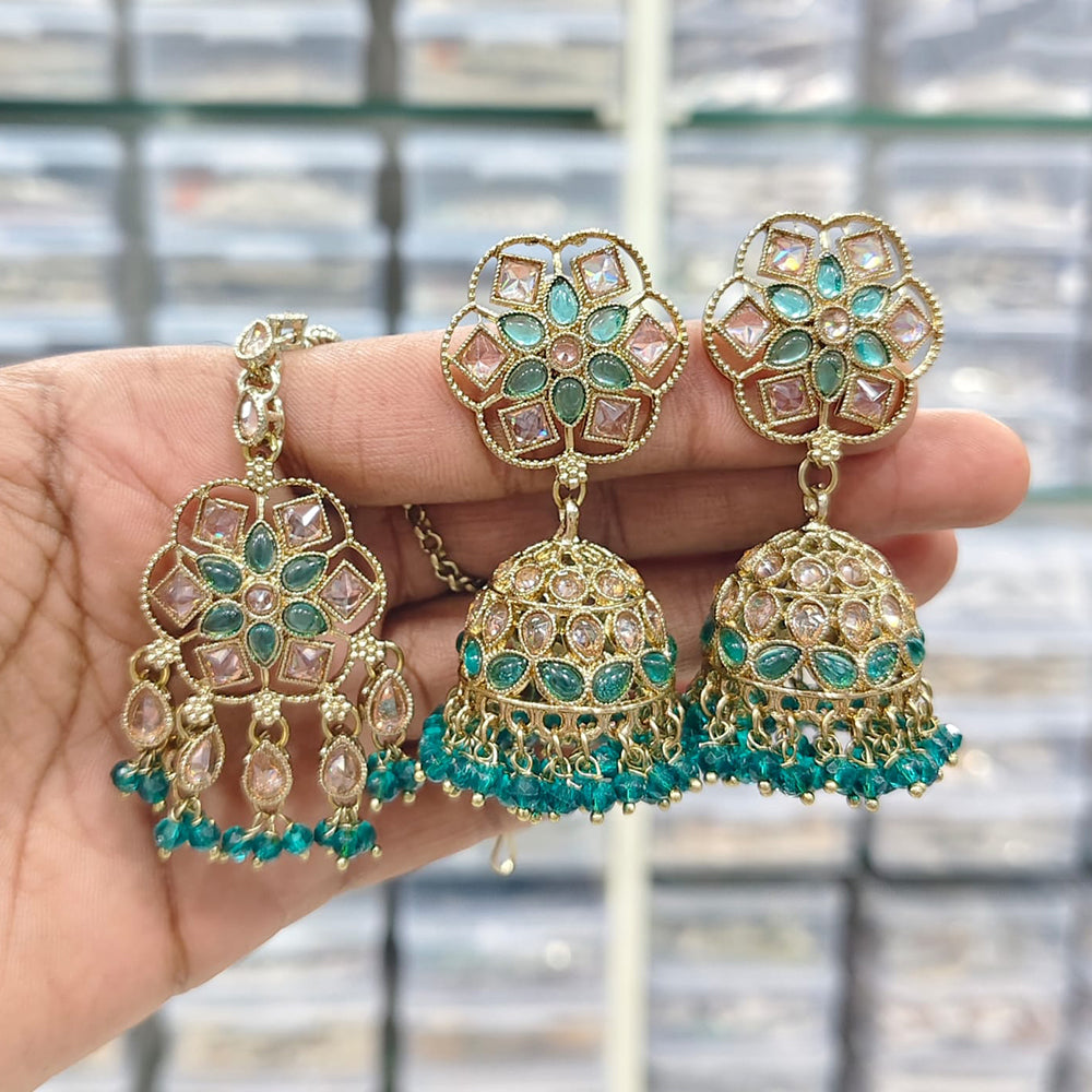 Rajwadi Collection Royal Heritage Crystal And Pearl Jhumki Earrings With Maangtikka