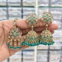 Rajwadi Collection Royal Heritage Crystal And Pearl Jhumki Earrings With Maangtikka