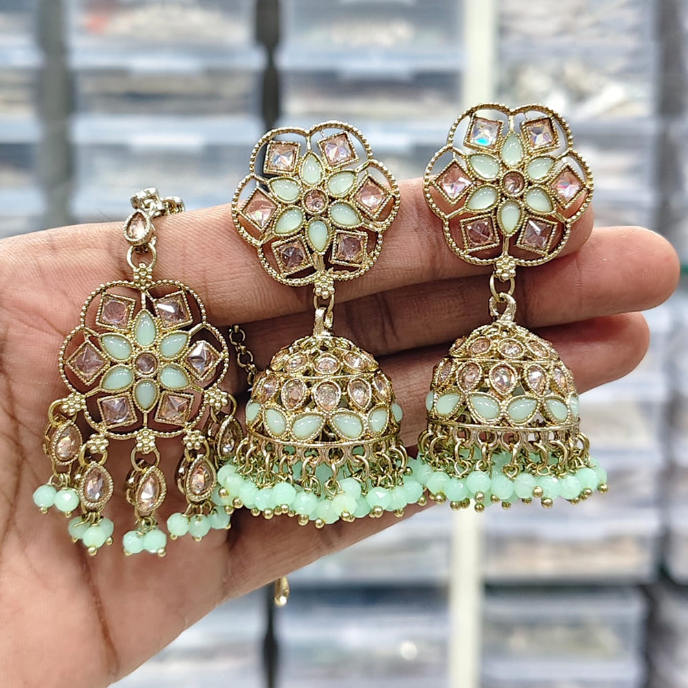 Rajwadi Collection Royal Heritage Crystal And Pearl Jhumki Earrings With Maangtikka