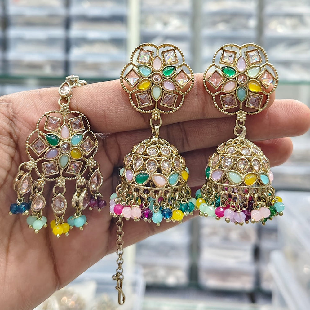 Rajwadi Collection Royal Heritage Crystal And Pearl Jhumki Earrings With Maangtikka