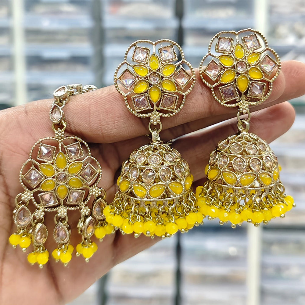 Rajwadi Collection Royal Heritage Crystal And Pearl Jhumki Earrings With Maangtikka
