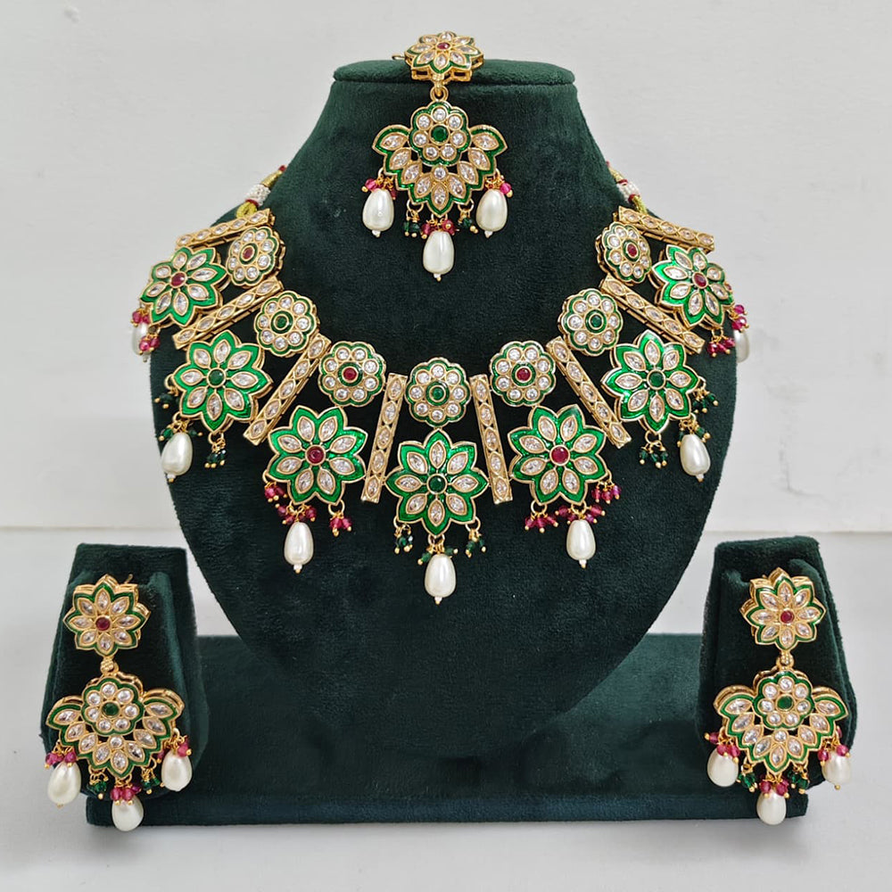 Rajwadi Collection Sparkling Crystal Stone And Pearl Meenakari Necklace Set