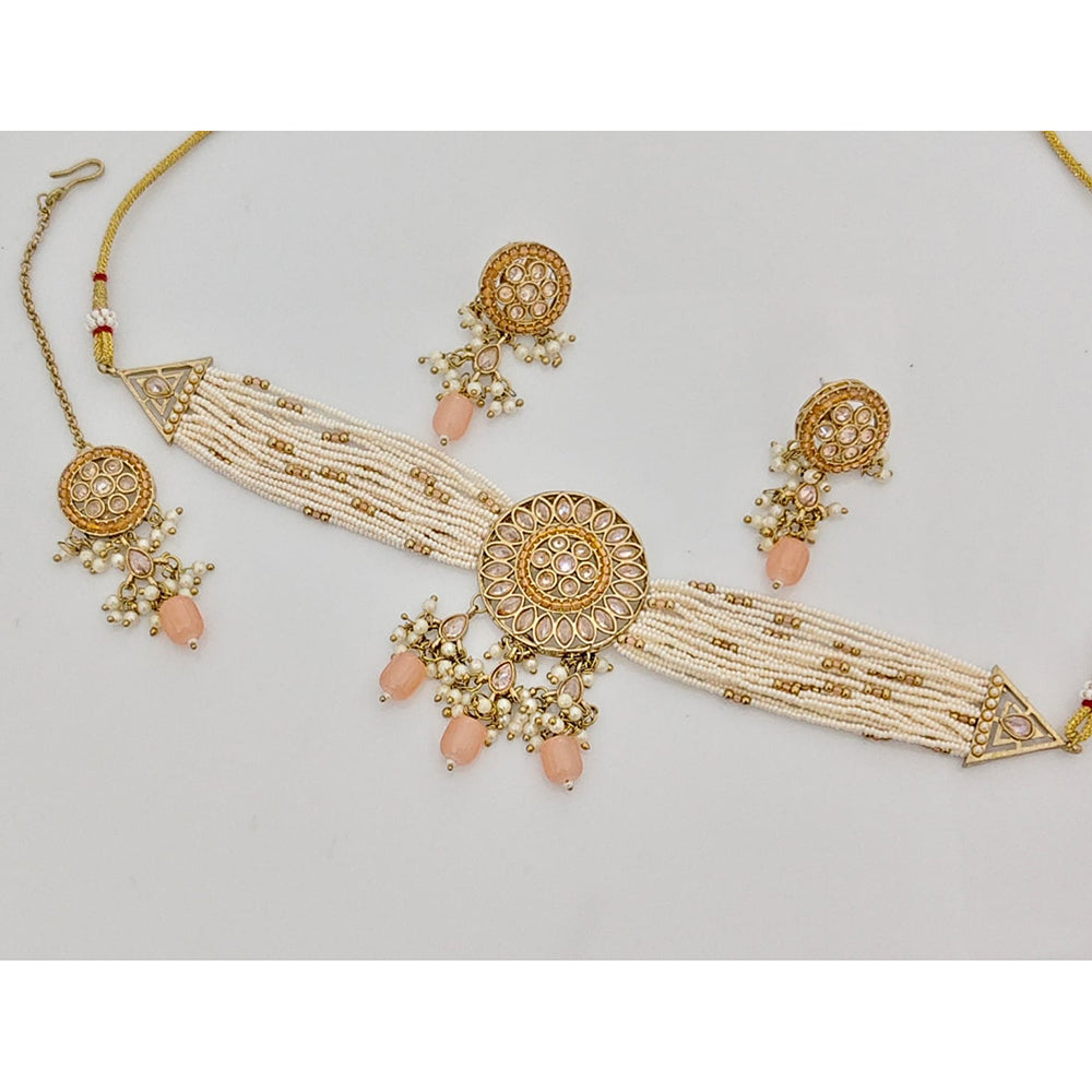 Rajwadi Collection Sparkling Crystal Stone And Pearl Choker Necklace Set 