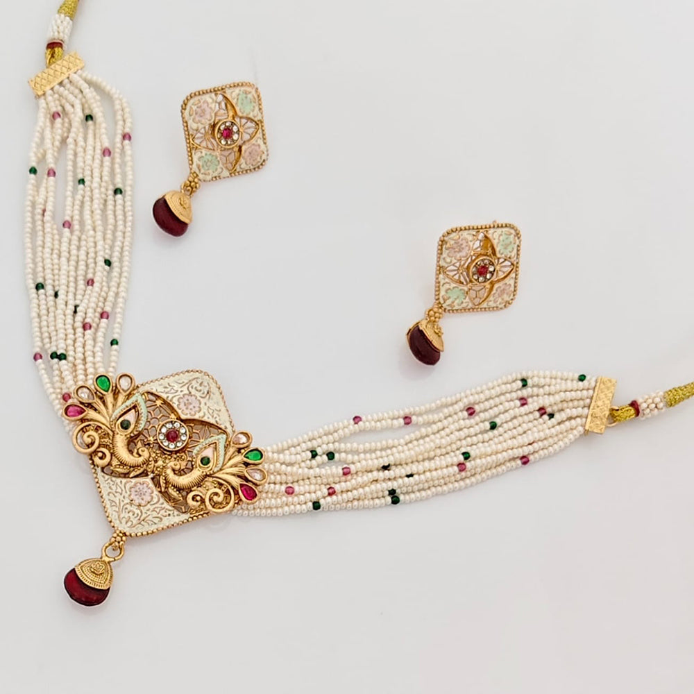 Rajwadi Collection Premium Pota Stone And Pearl Meenakari Ethnic Necklace Set