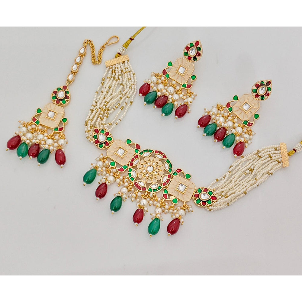 Rajwadi Collection Premium Pota Stone And Pearl Meenakari Ethnic Necklace Set