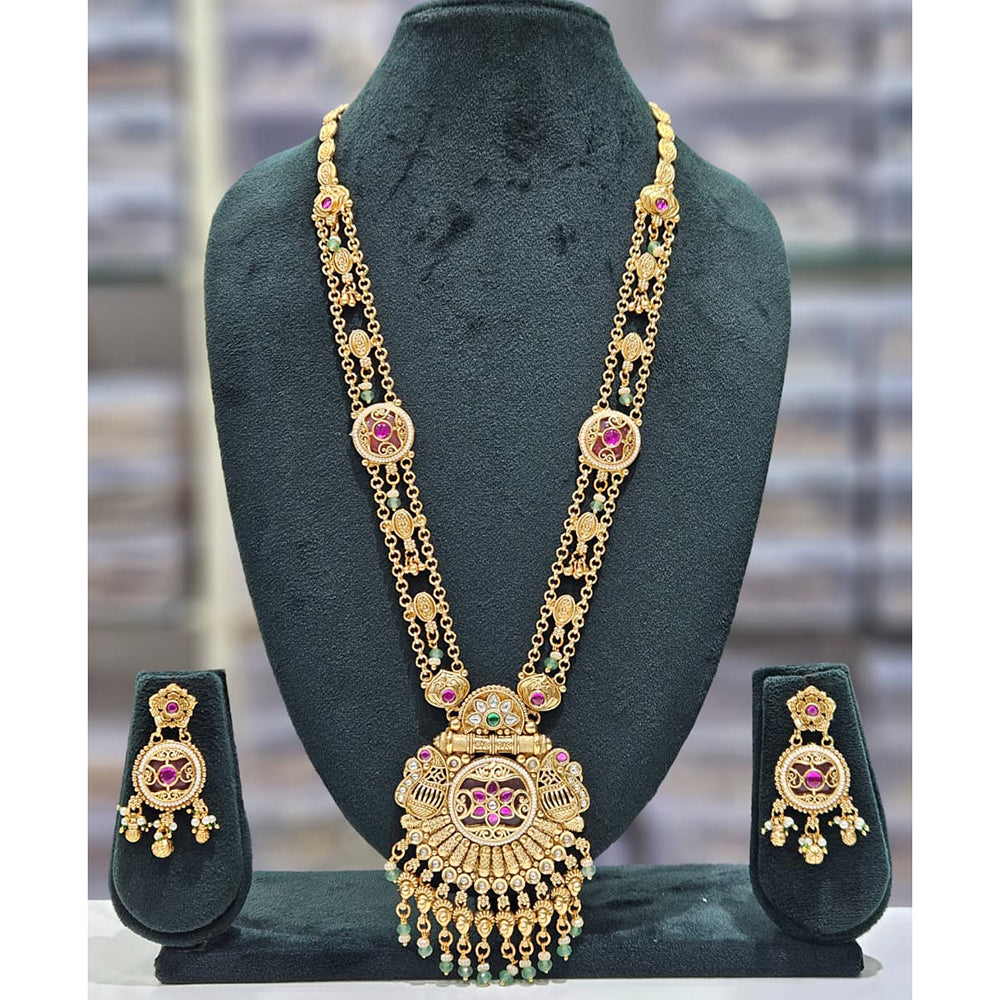 Rajwadi Collection Premium Pota Stone And Pearl Ethnic Long Necklace Set