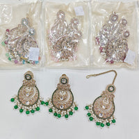 Rajwadi Collection Premium Shine Crystal And Pearl Dangler Earrings With Maangtikka