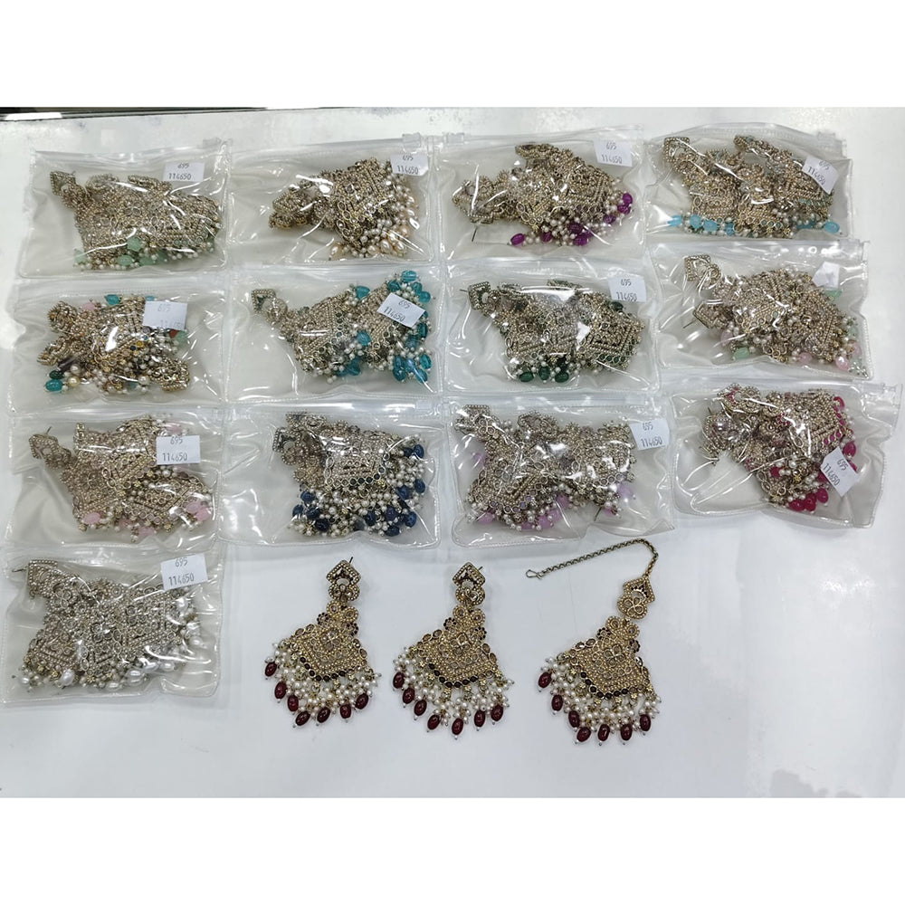 Rajwadi Collection Premium Shine Crystal And Pearl Dangler Earrings With Maangtikka