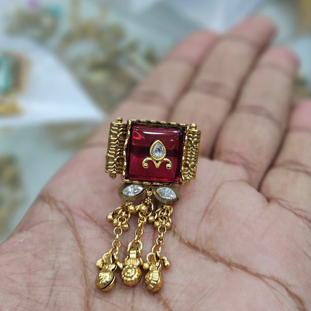 Rajwadi Collection Antique Finish Pota Stone And Pearl Finger Ring