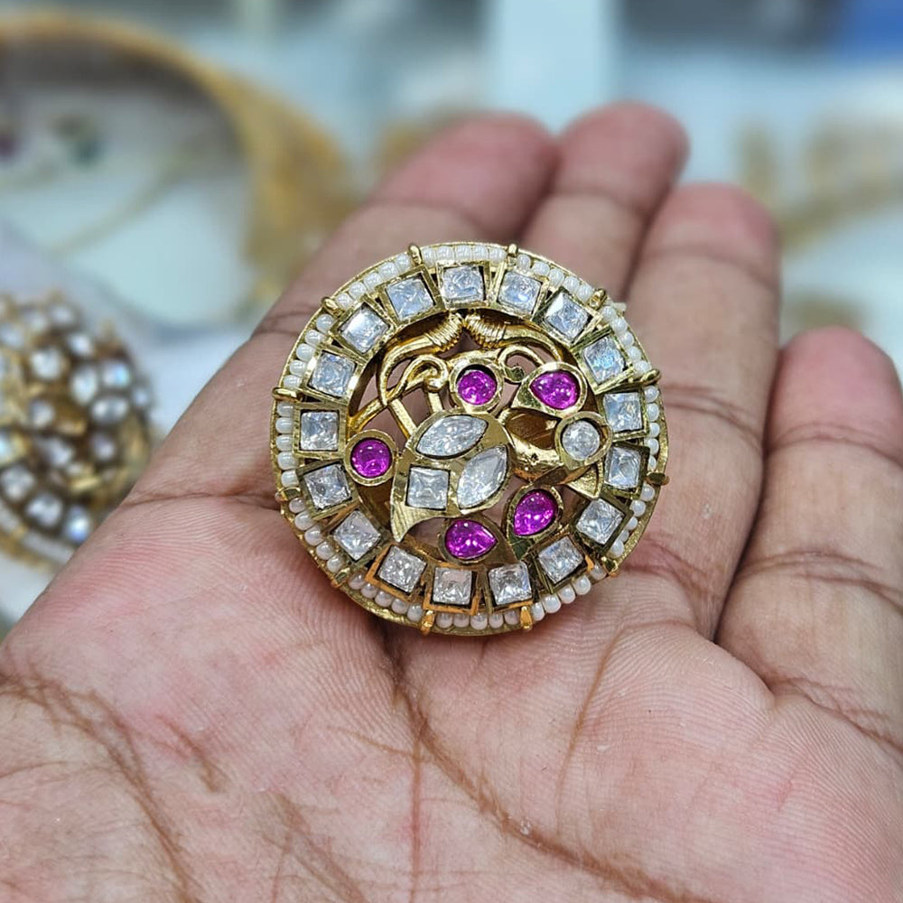 Rajwadi Collection Antique Finish Crystal Stone And Pearl Finger Ring