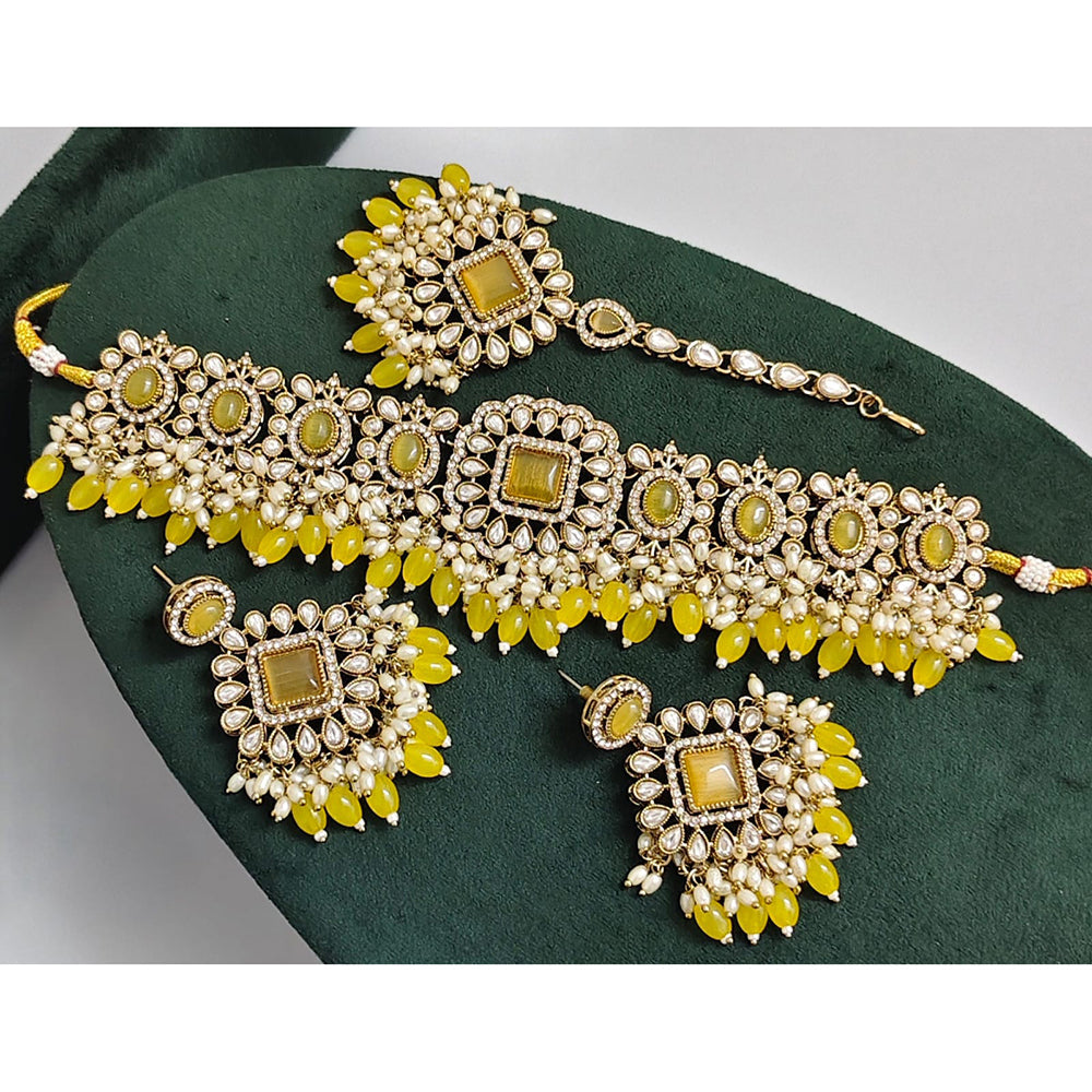 Rajwadi Collection Crystal Stone Pearl And Beads Choker Necklace Set