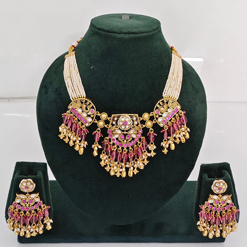 Rajwadi Collection Premium Quality Pota Stone And Pearl Necklace Set