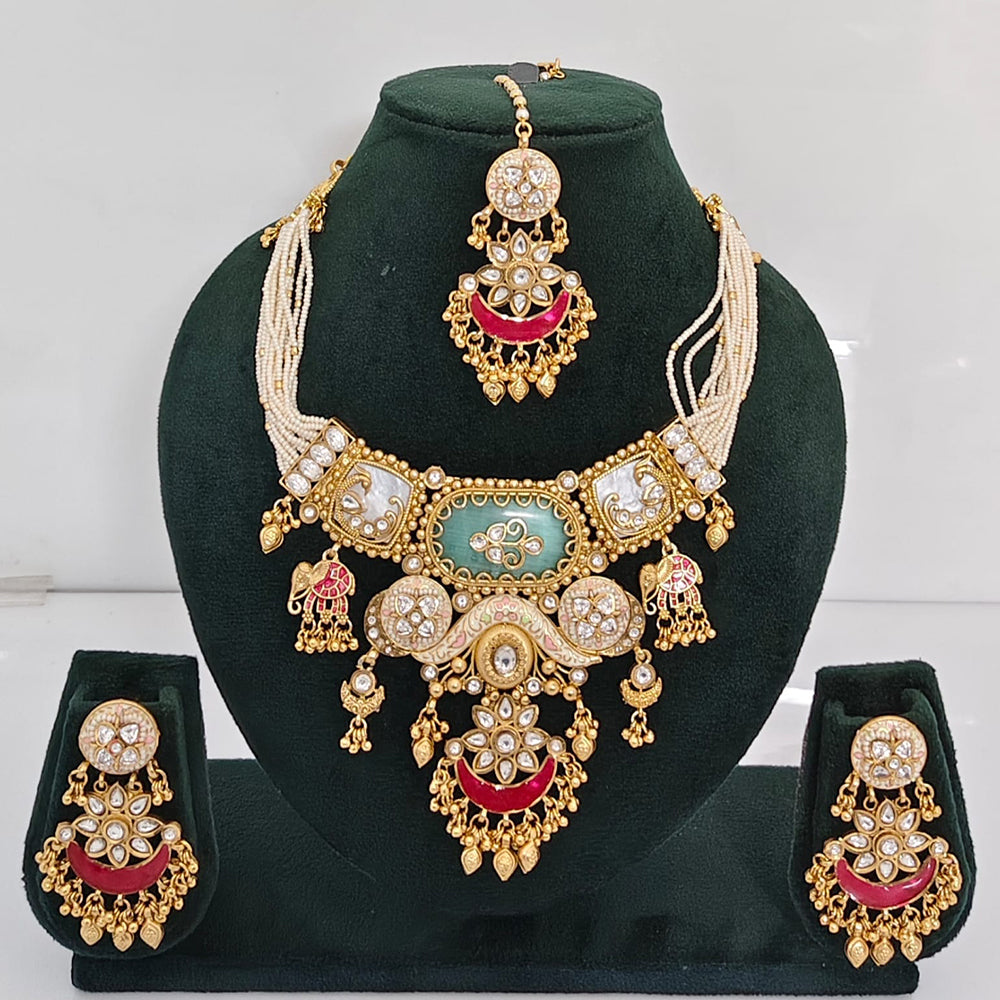 Rajwadi Collection Premium Quality Pota Stone And Pearl Meenakari Necklace Set