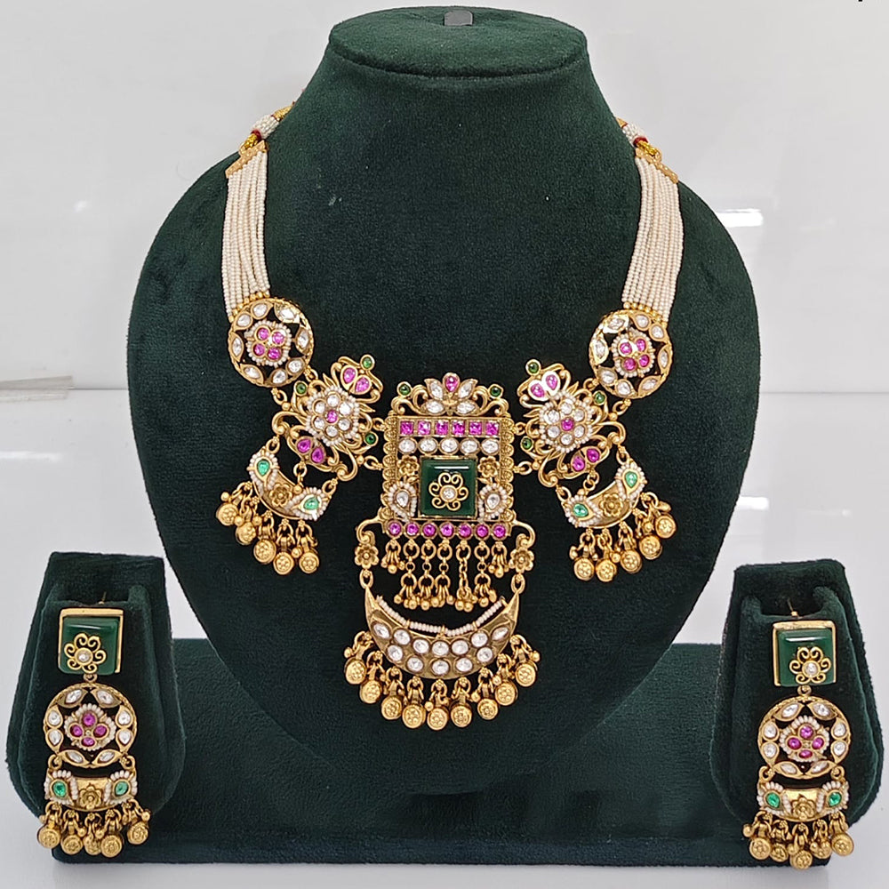 Rajwadi Collection Premium Quality Pota Stone And Pearl Necklace Set