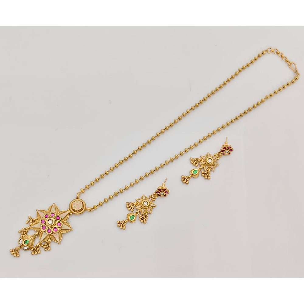 Rajwadi Collection Premium Quality Pota Stone And Pearl Meenakari Long Necklace Set