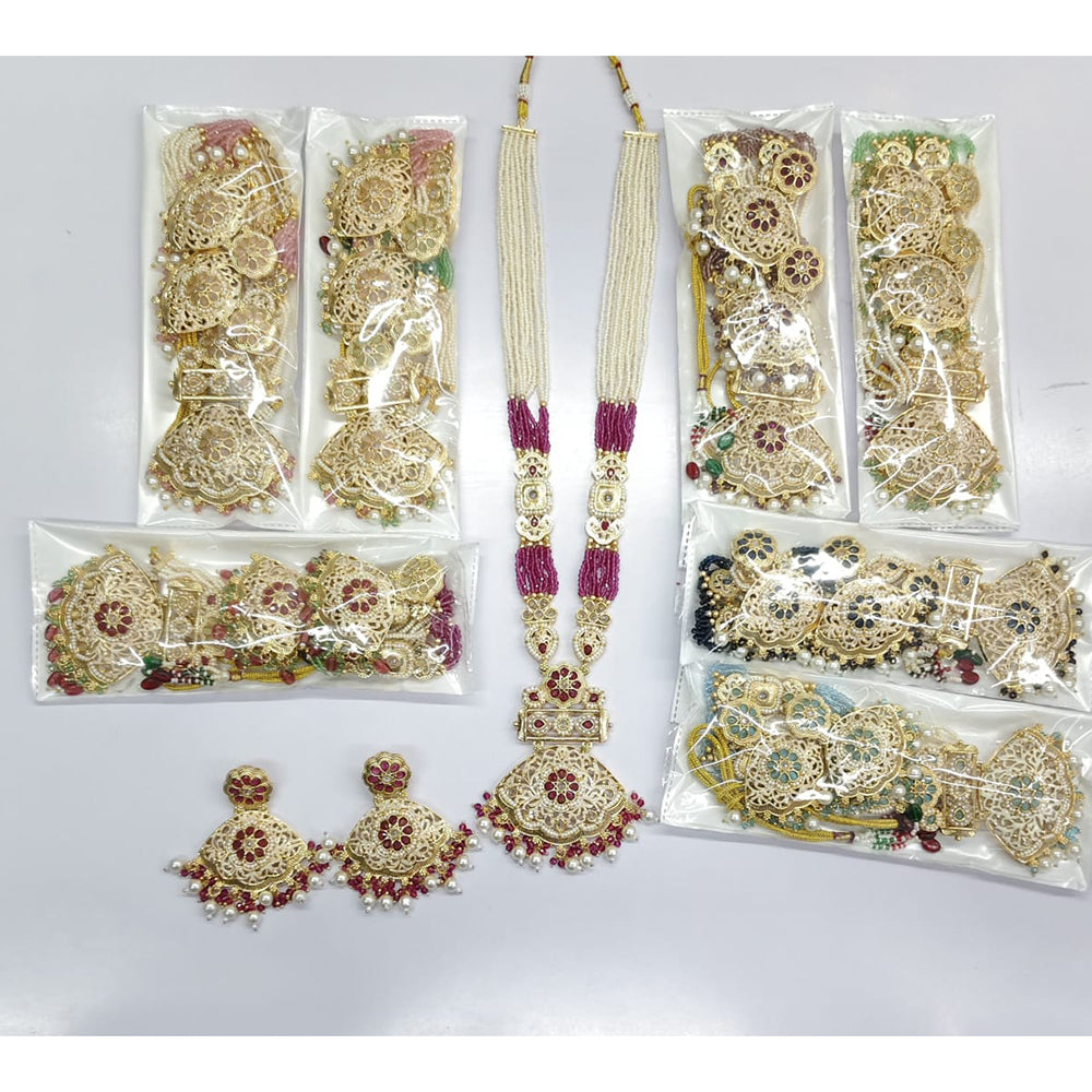 Rajwadi Collection Premium Quality Pota Stone And Pearl Long Necklace Set