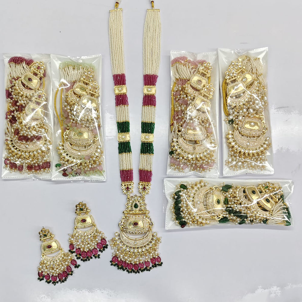 Rajwadi Collection Royal Pota Stone Pearl And Beads Meenakari Long Necklace Set