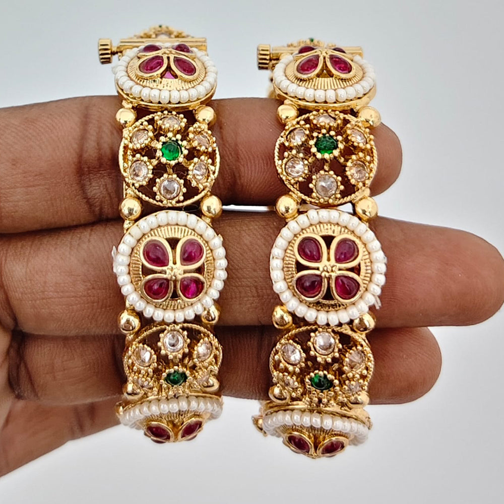 Rajwadi Collection Heritage Pota Stone And Pearl Openable Bangles Set